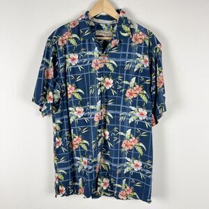 Tommy Bahama Silk Camp Shirt Mens Medium Blue Floral Aloha Tropical Hawaiian
